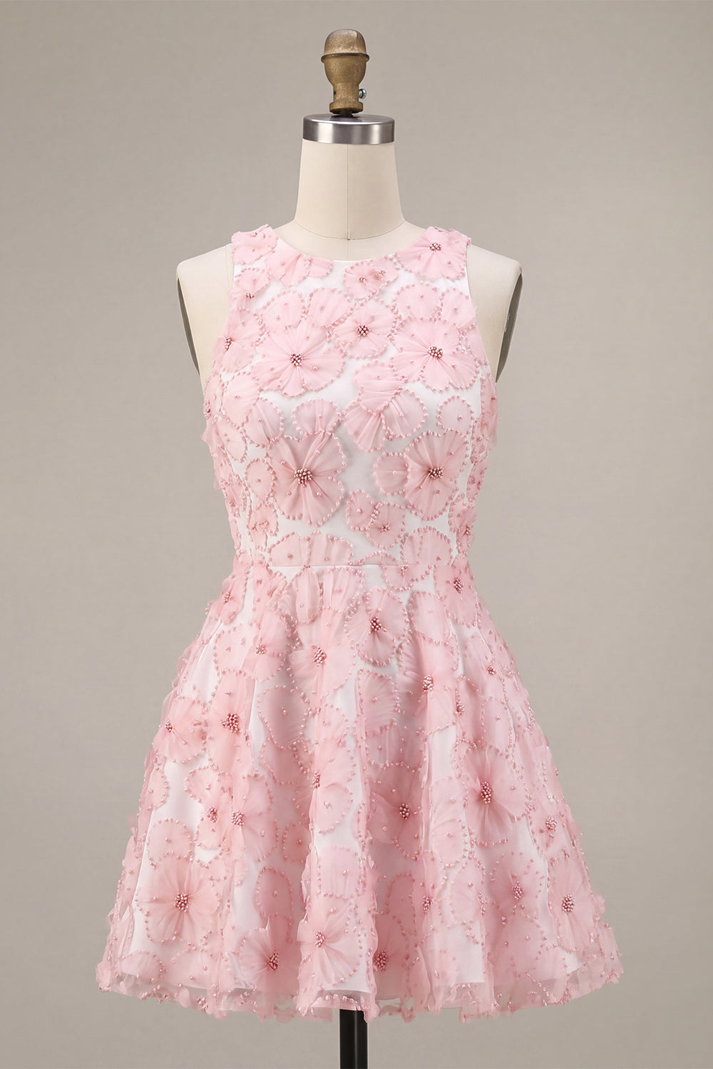 Pink Floral A Line Beaded Round Neck Short Homecoming Dress