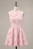 Pink Floral A Line Beaded Round Neck Short Homecoming Dress