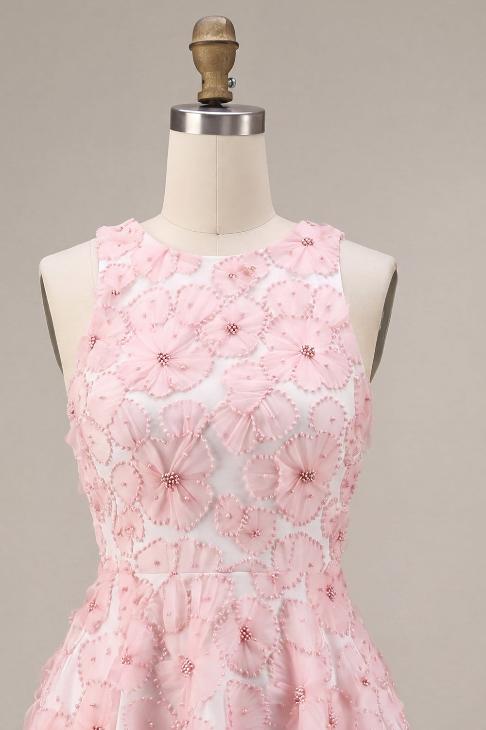 Pink Floral A Line Beaded Round Neck Short Homecoming Dress