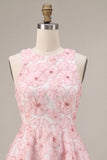 Pink Floral A Line Beaded Round Neck Short Homecoming Dress
