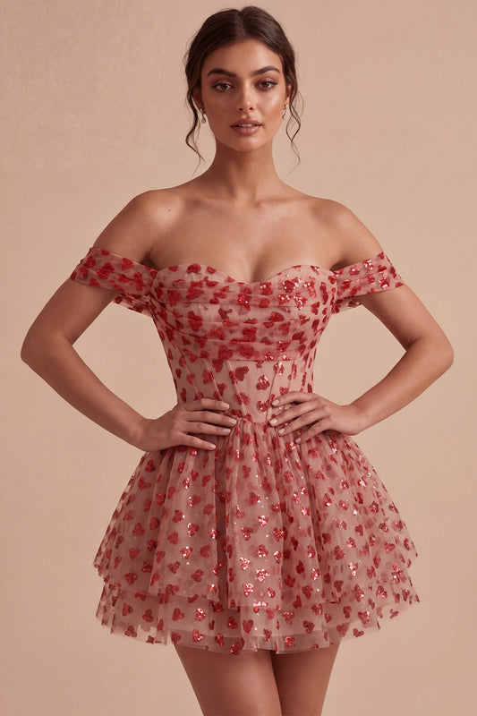 Red Corset A Line Sequins Sparkly Mini Homecoming Dress with Ruffles