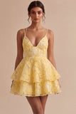 Light Yellow Floral A Line Beaded Tiered Ruffled Short Homecoming Dress