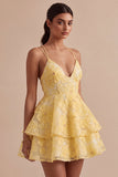 Light Yellow Floral A Line Beaded Tiered Ruffled Short Homecoming Dress