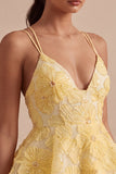 Light Yellow Floral A Line Beaded Tiered Ruffled Short Homecoming Dress