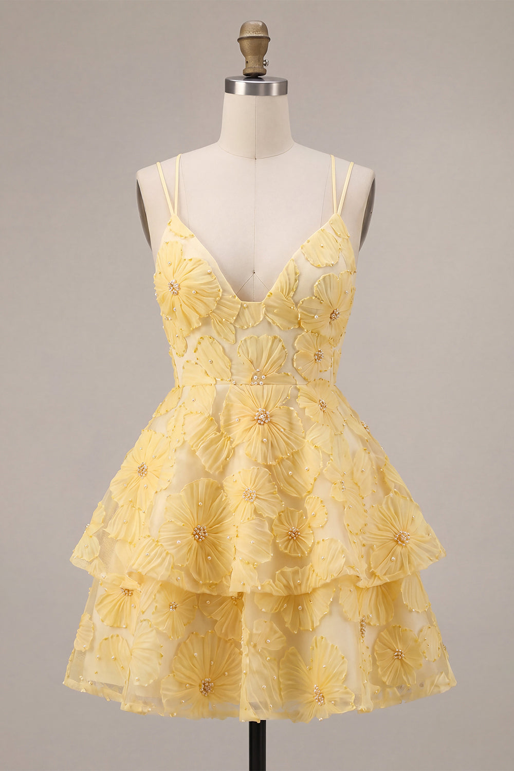 Light Yellow Floral A Line Beaded Tiered Ruffled Short Homecoming Dress