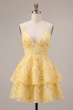 Light Yellow Floral A Line Beaded Tiered Ruffled Short Homecoming Dress