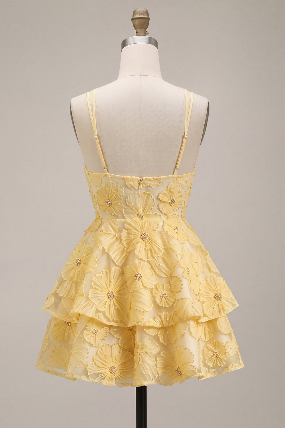 Light Yellow Floral A Line Beaded Tiered Ruffled Short Homecoming Dress