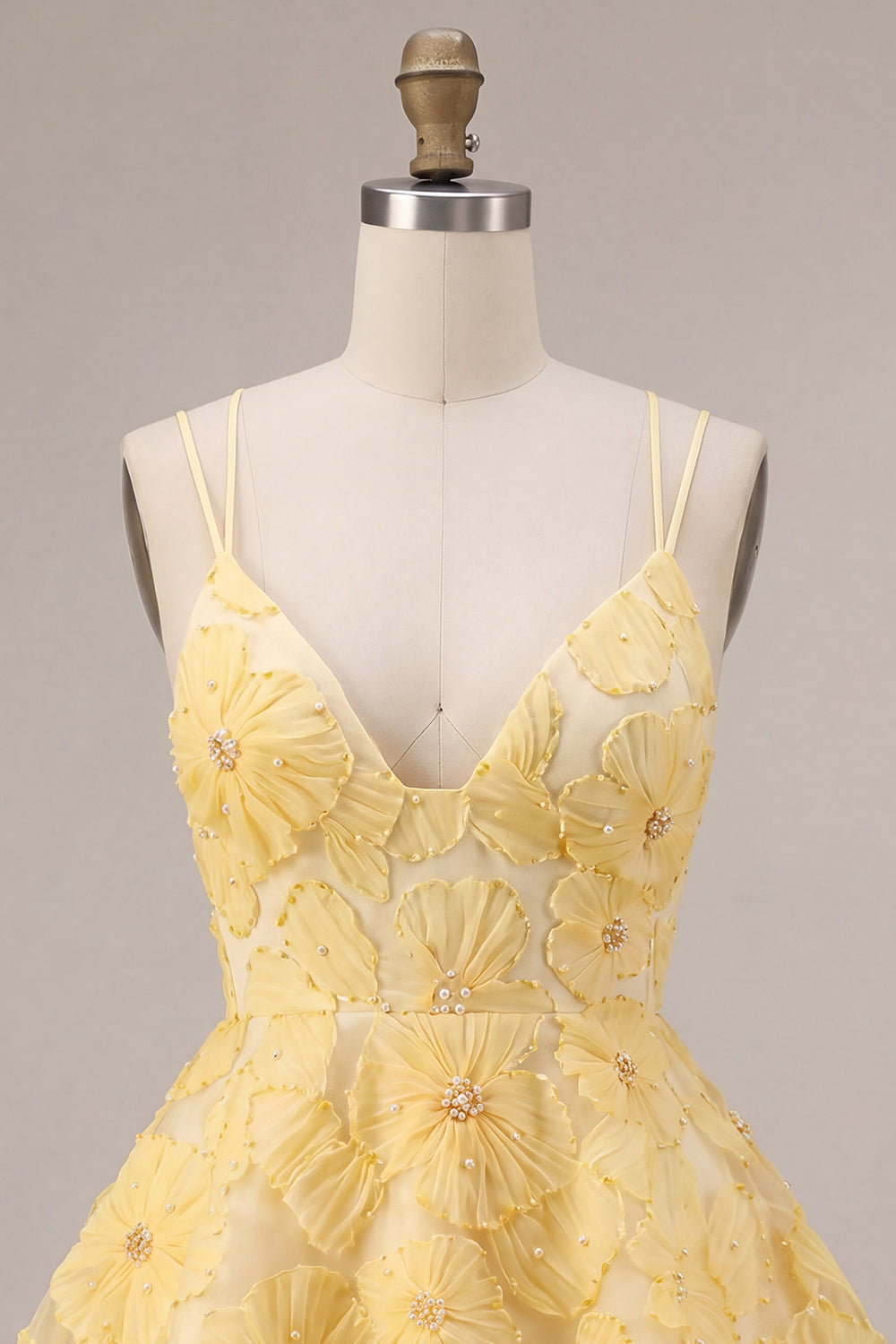 Light Yellow Floral A Line Beaded Tiered Ruffled Short Homecoming Dress