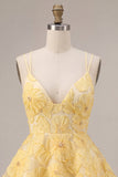 Light Yellow Floral A Line Beaded Tiered Ruffled Short Homecoming Dress