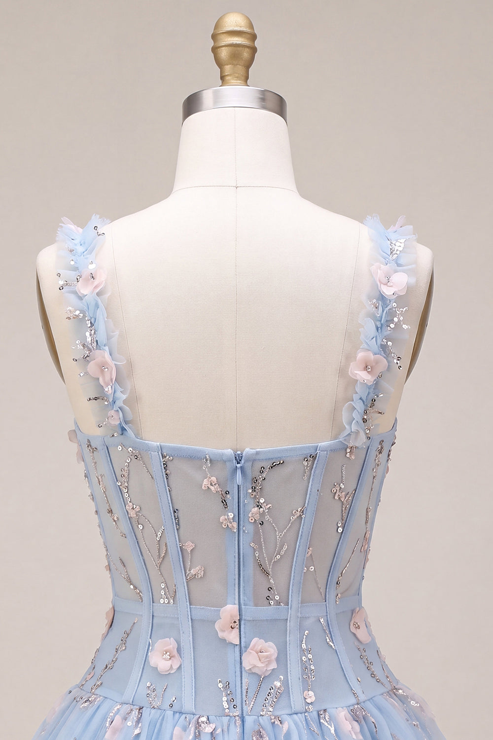 Light Blue A Line Corset Beaded Bubble Short Homecoming Dress with 3D Flowers