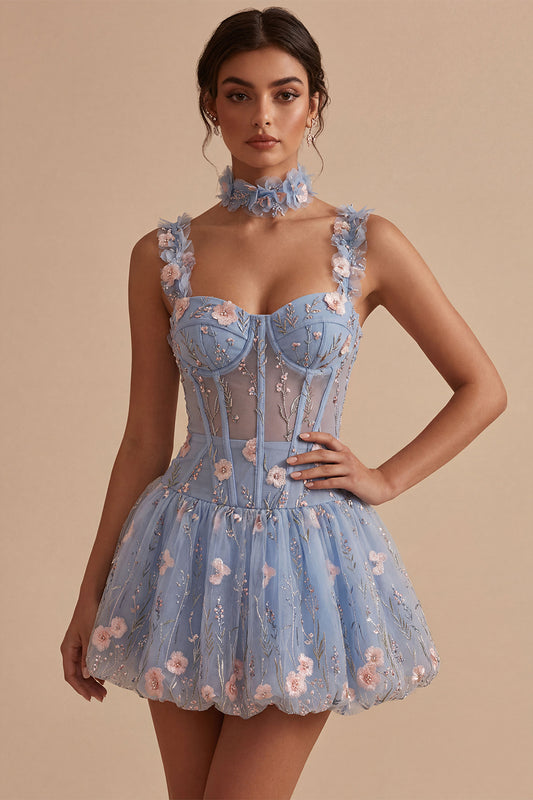 Light Blue A Line Corset Beaded Mini Bubble Homecoming Dress with 3D Flowers