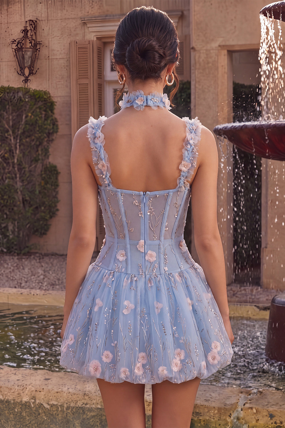 Light Blue A Line Corset Beaded Bubble Short Homecoming Dress with 3D Flowers