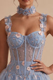 Light Blue A Line Corset Beaded Bubble Short Homecoming Dress with 3D Flowers