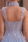 Light Blue A Line Corset Beaded Bubble Short Homecoming Dress with 3D Flowers