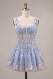 Light Blue A Line Corset Beaded Bubble Short Homecoming Dress with 3D Flowers