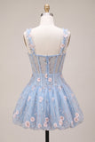 Light Blue A Line Corset Beaded Bubble Short Homecoming Dress with 3D Flowers