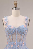 Light Blue A Line Corset Beaded Bubble Short Homecoming Dress with 3D Flowers