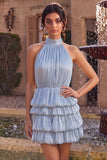 Dusty Blue Pleated Satin Tiered Ruffled Short Homecoming Dress