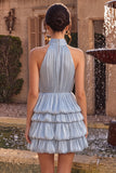 Dusty Blue Pleated Satin Tiered Ruffled Short Homecoming Dress