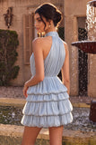 Dusty Blue Pleated Satin Tiered Ruffled Short Homecoming Dress