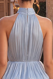 Dusty Blue Pleated Satin Tiered Ruffled Short Homecoming Dress