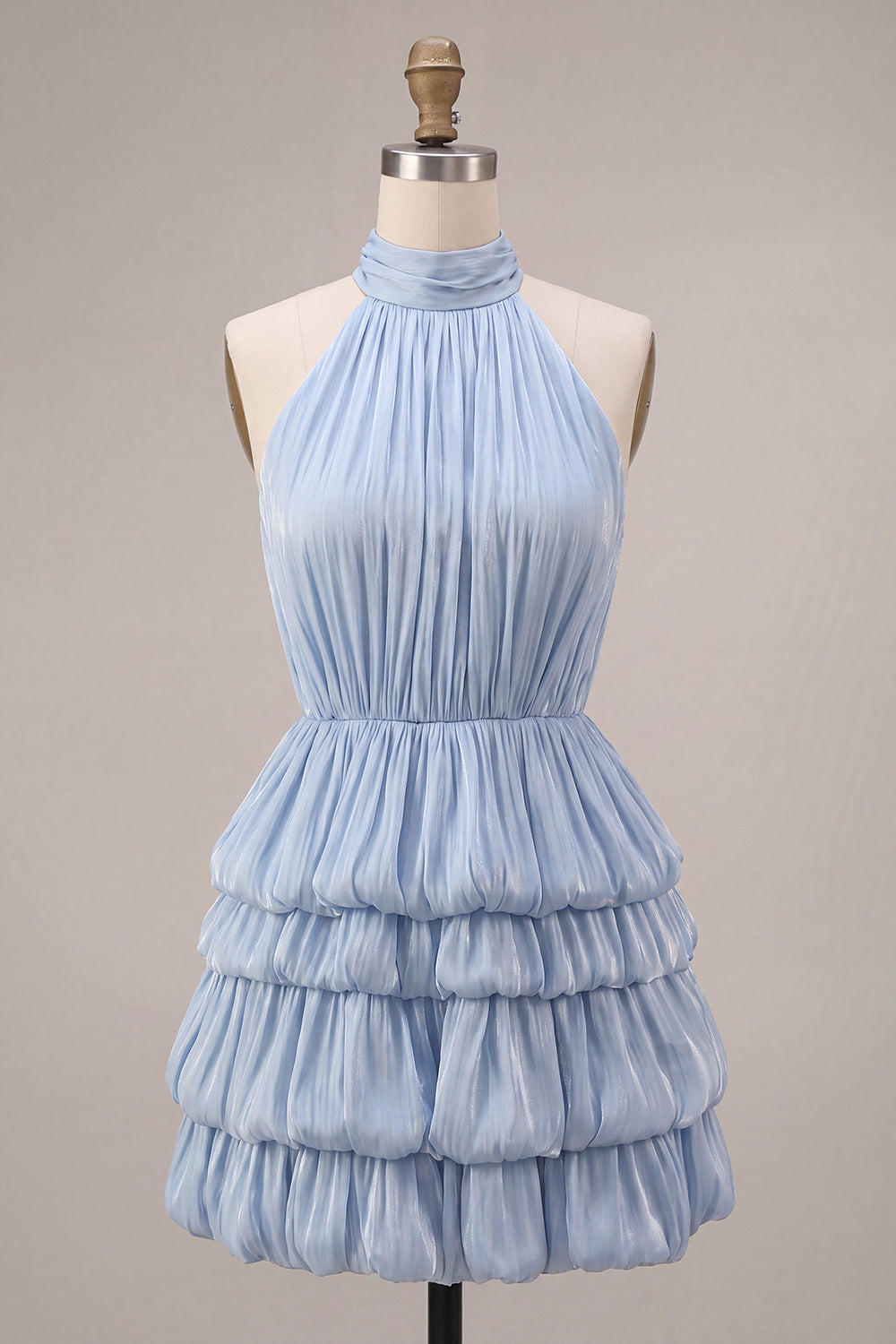 Dusty Blue Pleated Satin Tiered Ruffled Short Homecoming Dress