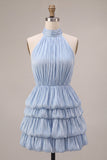 Dusty Blue Pleated Satin Tiered Ruffled Short Homecoming Dress