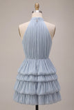 Dusty Blue Pleated Satin Tiered Ruffled Short Homecoming Dress
