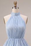 Dusty Blue Pleated Satin Tiered Ruffled Short Homecoming Dress