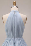 Dusty Blue Pleated Satin Tiered Ruffled Short Homecoming Dress