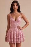 Pink Sequin Sparkly Ruffled Short Homecoming Dress