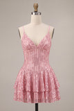 Pink Sequin Sparkly Ruffled Short Homecoming Dress