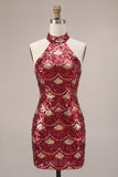 Burgundy Tight Sequin Sparkly Short Homecoming Dress
