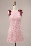 Pink Floral A Line Beaded Sparkly Short Homecoming Dress