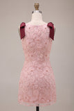 Pink Floral A Line Beaded Sparkly Short Homecoming Dress