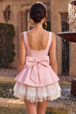 Pink Floral A Line Lace Square Neck Short Homecoming Dress