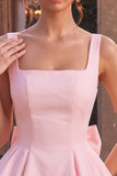 Pink Floral A Line Lace Square Neck Short Homecoming Dress