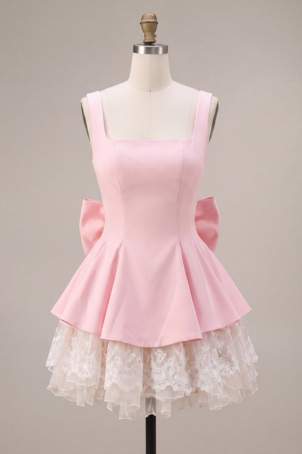 Pink Floral A Line Lace Square Neck Short Homecoming Dress