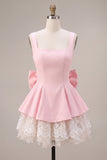 Pink Floral A Line Lace Square Neck Short Homecoming Dress