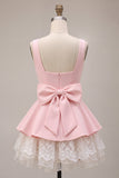 Pink Floral A Line Lace Square Neck Short Homecoming Dress