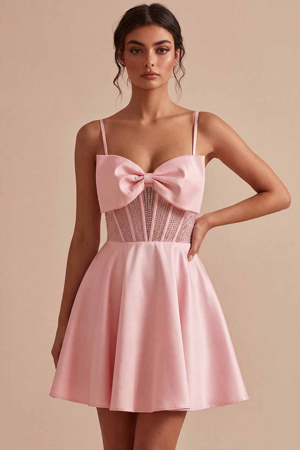 Pink Corset A Line Satin Short Homecoming Dress with Bow