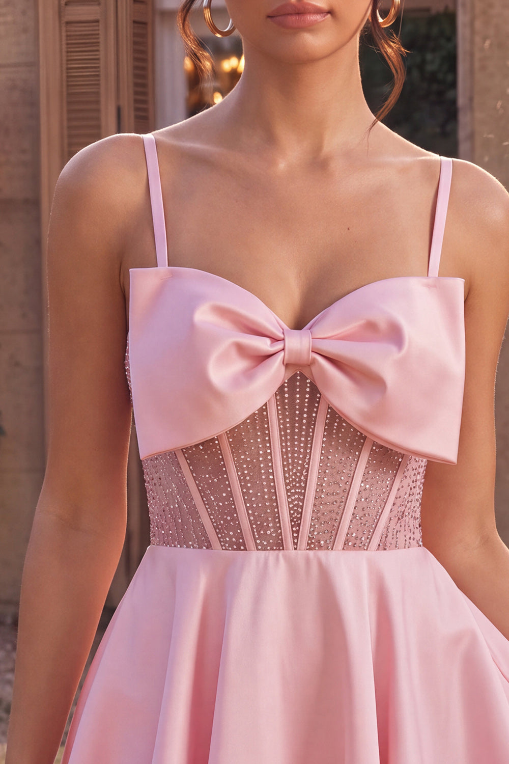 Pink Corset A Line Satin Short Homecoming Dress with Bow