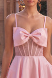 Pink Corset A Line Satin Short Homecoming Dress with Bow