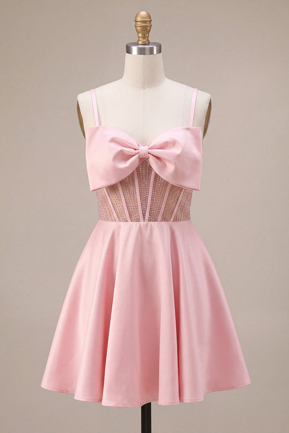 Pink Corset A Line Satin Short Homecoming Dress with Bow