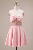 Pink Corset A Line Satin Short Homecoming Dress with Bow