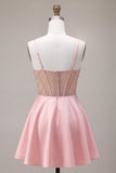 Pink Corset A Line Satin Short Homecoming Dress with Bow