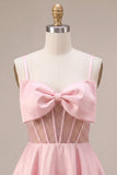Pink Corset A Line Satin Short Homecoming Dress with Bow