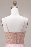 Pink Corset A Line Satin Short Homecoming Dress with Bow