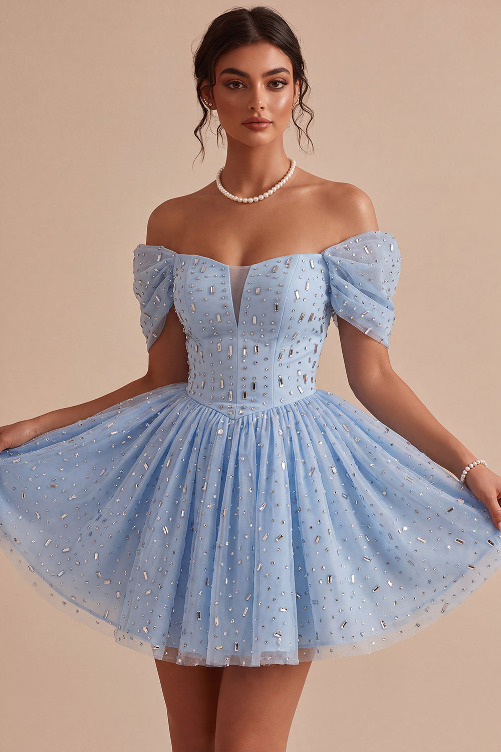 A Line Sky Blue Sparkly Beaded Short Homecoming Dress