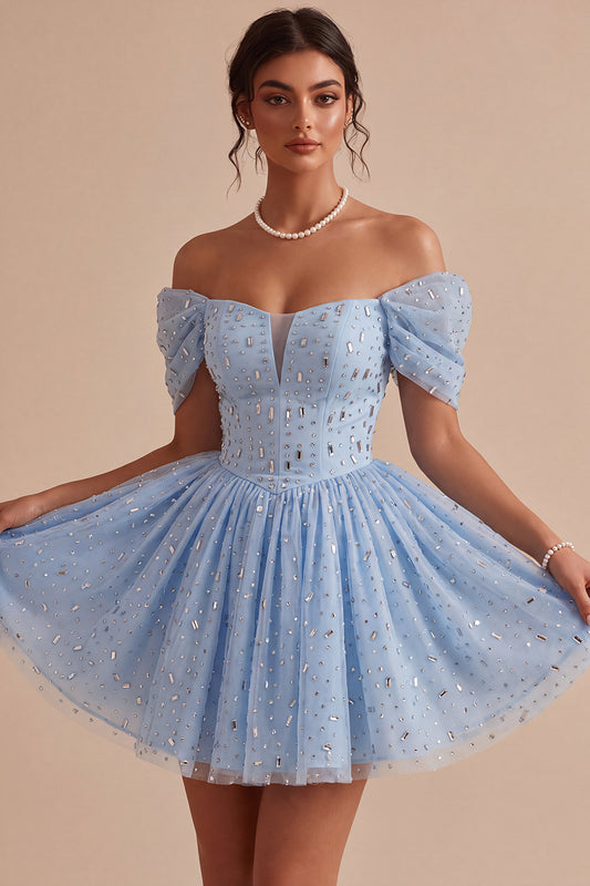 A Line Sky Blue Sparkly Beaded Short Homecoming Dress